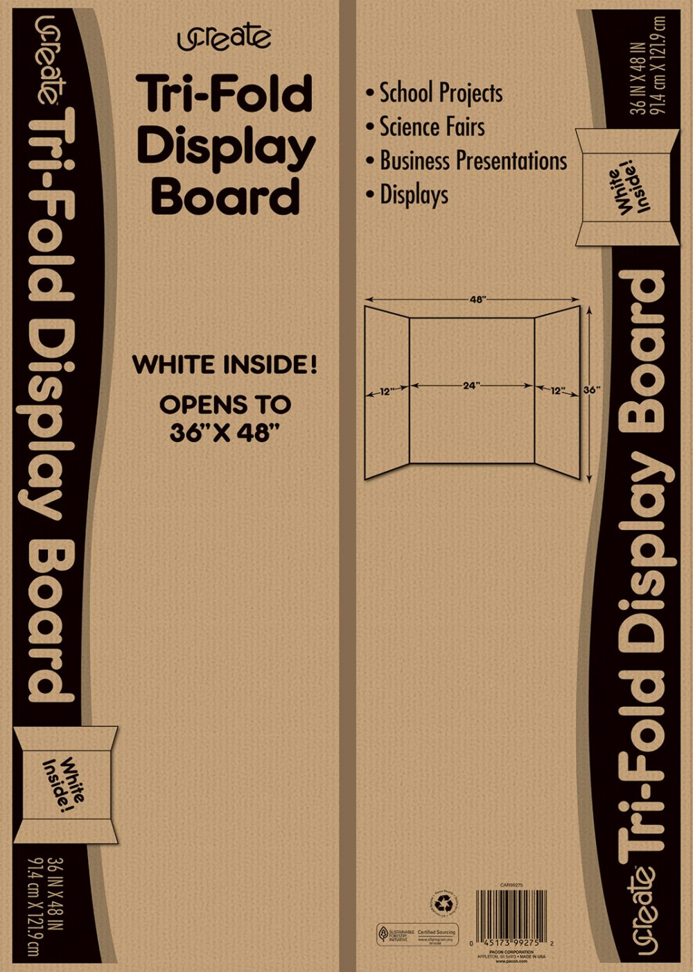 Two Cool Tri-Fold Poster Board, 36 x 48, White/White, 6/Carton