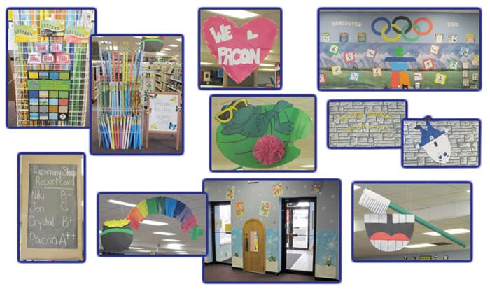 Colorful library decorations celebrating reading, creativity, and school spirit.